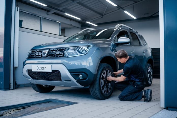 Découvre pourquoi le Dacia Duster est rappelé pour un problème de frein inquiétant et crucial à connaître Un Dacia Duster dans un garage avec un technicien vérifiant le système de frein.