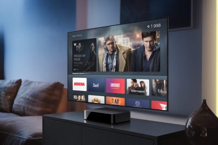 Apple TV avec interface Liquid Glass Apple TV affichant une interface Liquid Glass moderne
