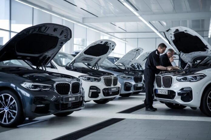 Inspection de véhicules BMW en atelier Inspection de plusieurs modèles BMW dans un atelier