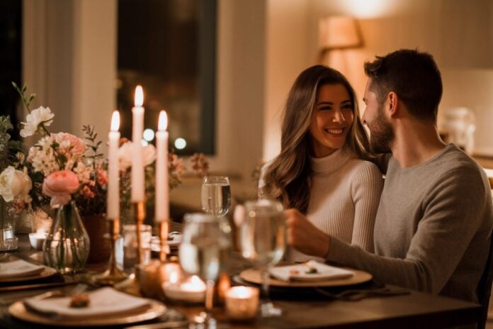Dîner romantique à la maison Couple profitant d'un dîner de Saint-Valentin chez eux