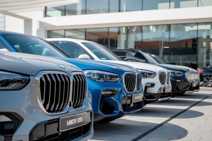BMW dealership with multiple models Concession BMW avec plusieurs modèles exposés