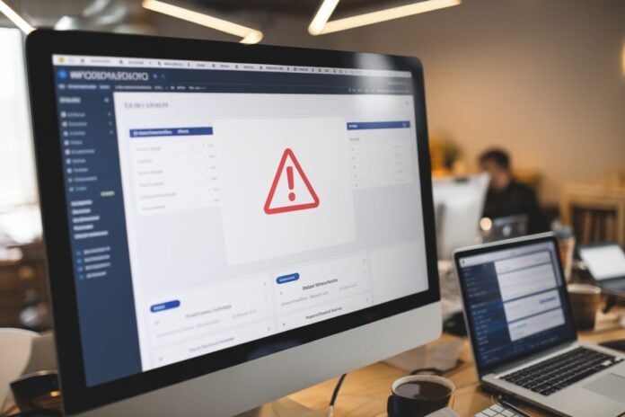 Alerte de vulnérabilité WordPress Un écran avec un tableau de bord WordPress affichant un avertissement critique.