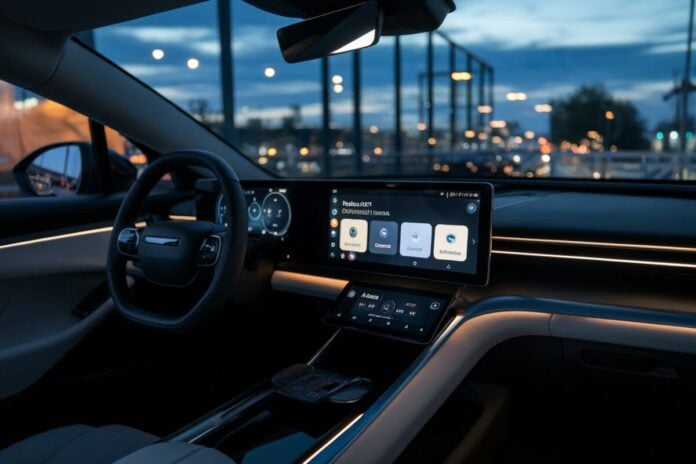 CarPlay avec Chatbots IA intégrés CarPlay affichant des options de chatbots IA sur un tableau de bord moderne