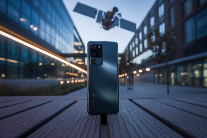 Smartphone connecté par satellite iPhone connecté à un satellite dans un décor urbain
