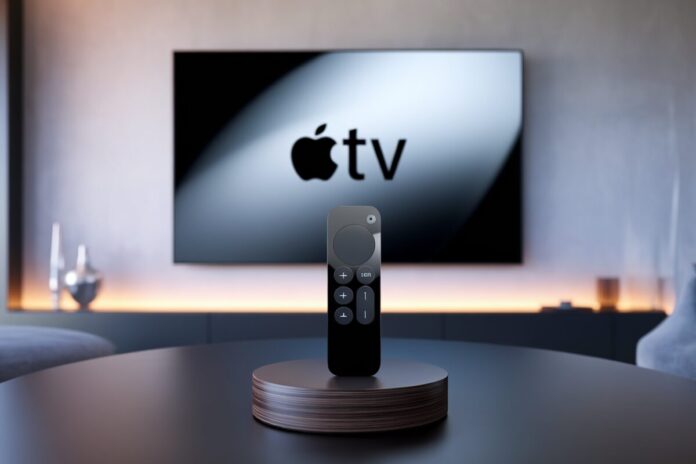 Apple TV avec l'application TV à l'écran Télécommande Apple TV et application TV sur un écran