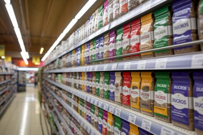 Épices Ducros sur rayons de supermarché Étagère de supermarché avec des épices Ducros