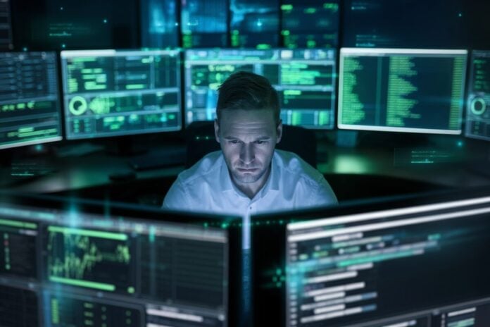 Un expert en cybersécurité analyse des données sur plusieurs écrans
