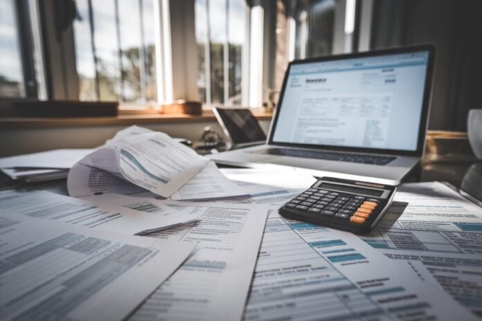 Documents fiscaux sur un bureau Documents fiscaux éparpillés sur un bureau avec un ordinateur portable