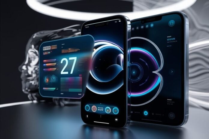 Interface futuriste d'iOS 27 Interface iOS 27 avec effets lumineux dynamiques