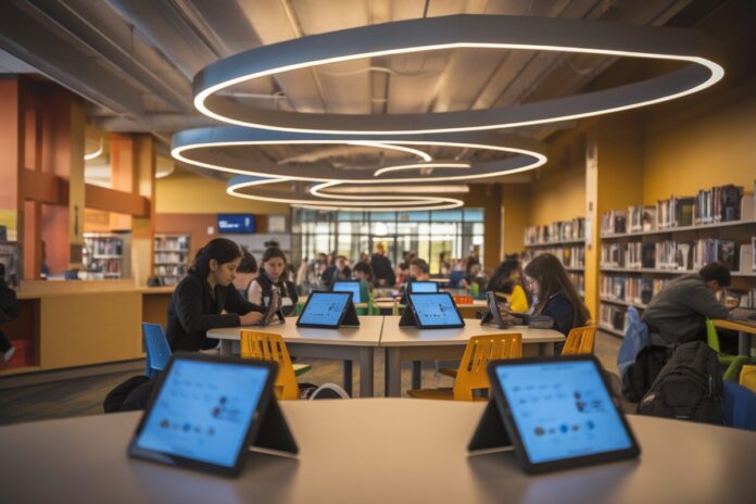 Tablettes numériques dans une bibliothèque scolaire Des tablettes numériques sur des tables dans une bibliothèque scolaire
