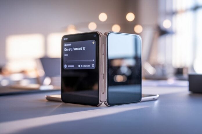 Mise à jour One UI 9 sur pliant Un smartphone Galaxy pliant affiche l’écran de mise à jour One UI 9