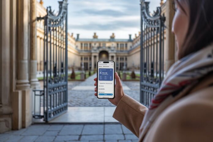Un visiteur scanne un pass numérique devant un grand monument français