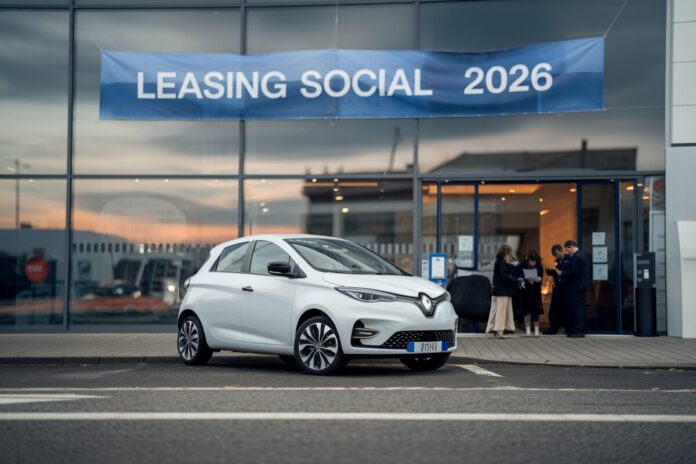 Une voiture électrique devant une concession évoquant le leasing social 2026