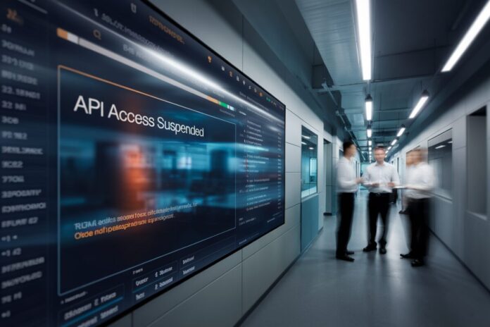Écran affichant une suspension d’accès API dans un bureau tech