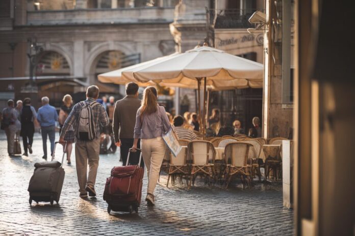 Des touristes marchent sur une piazza de Rome au soleil