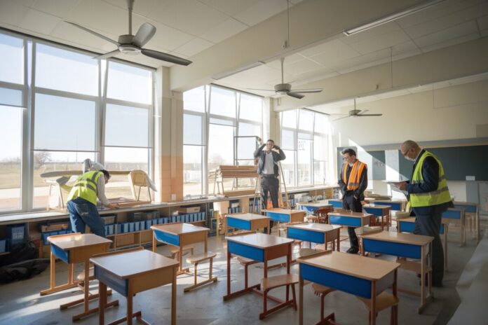 Des techniciens installent des brasseurs d’air dans une salle de classe