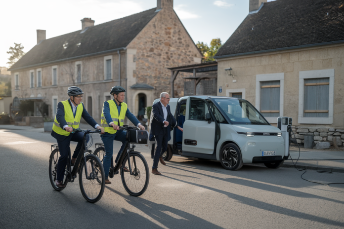 À Promilhanes, les élus ramènent à vélo un véhicule électrique partagé pour lancer l'autopartage rural