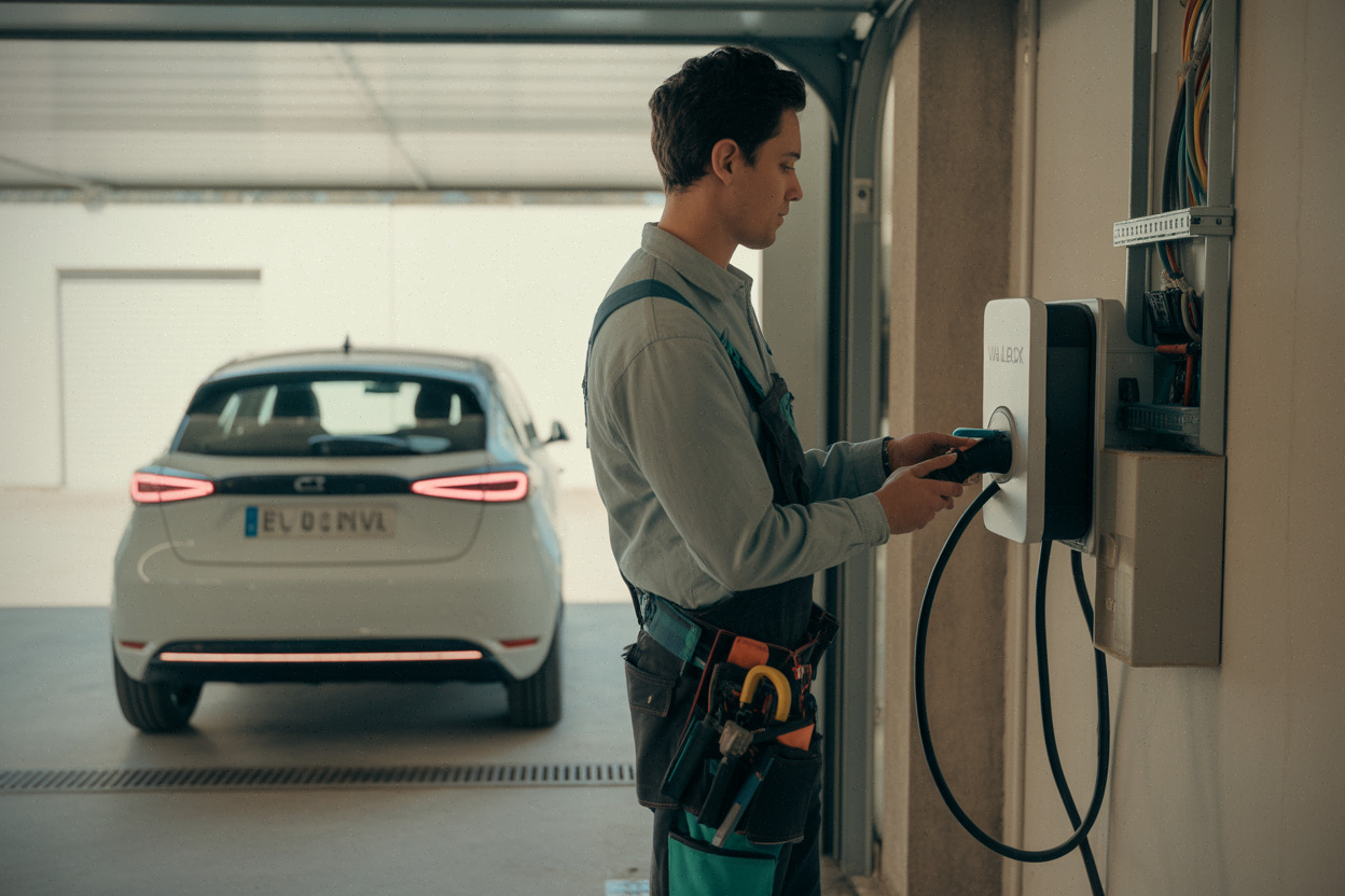 Installation d’une borne domestique par un électricien dans un garage