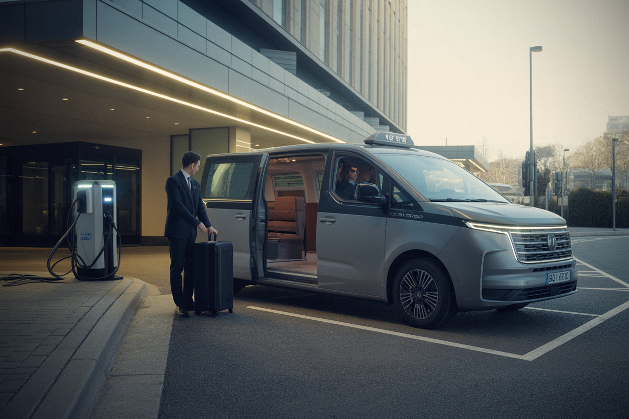 Monospace Staria électrique devant un hôtel, chargement de bagages