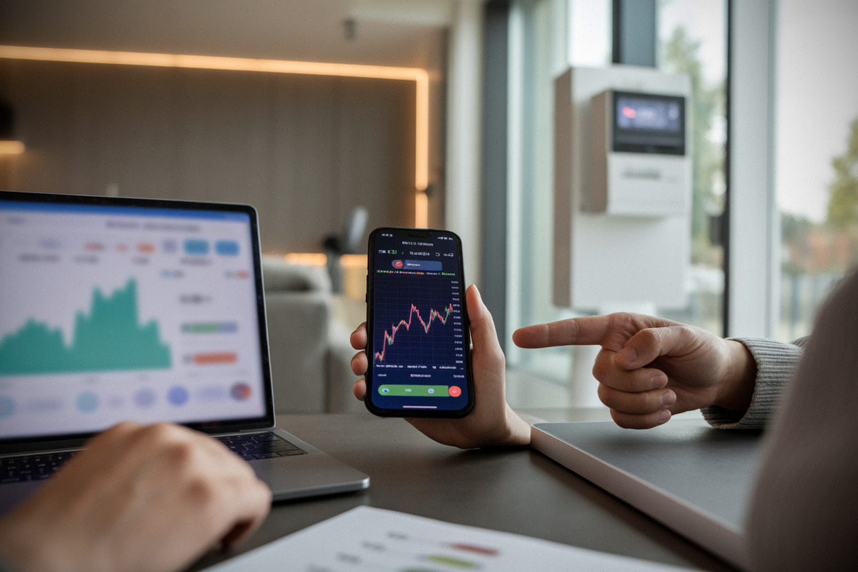 Deux personnes consultent des heures d’électricité à prix nul sur smartphone.