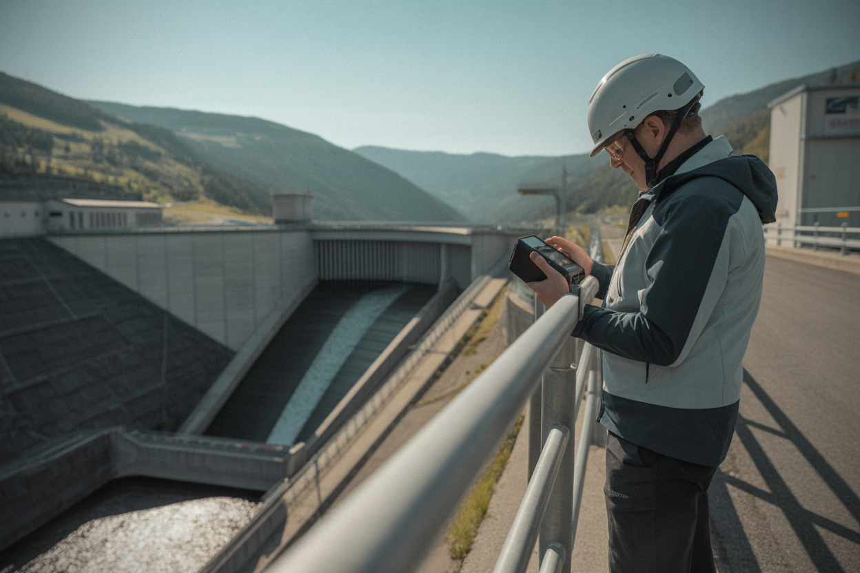 Barrage hydroélectrique alpin en Auvergne-Rhône-Alpes, inspection technique sur site