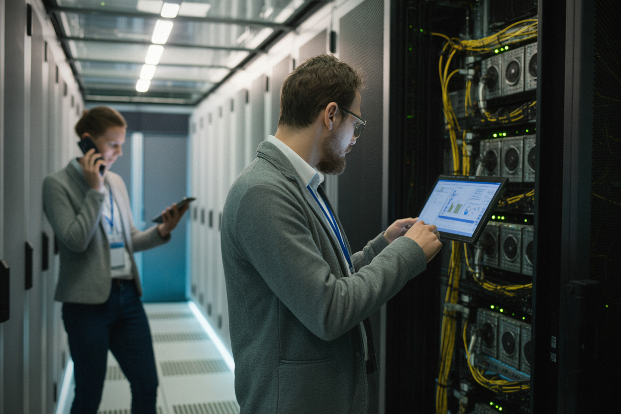 Technicien vérifiant des serveurs GPU pour l’inférence IA open source