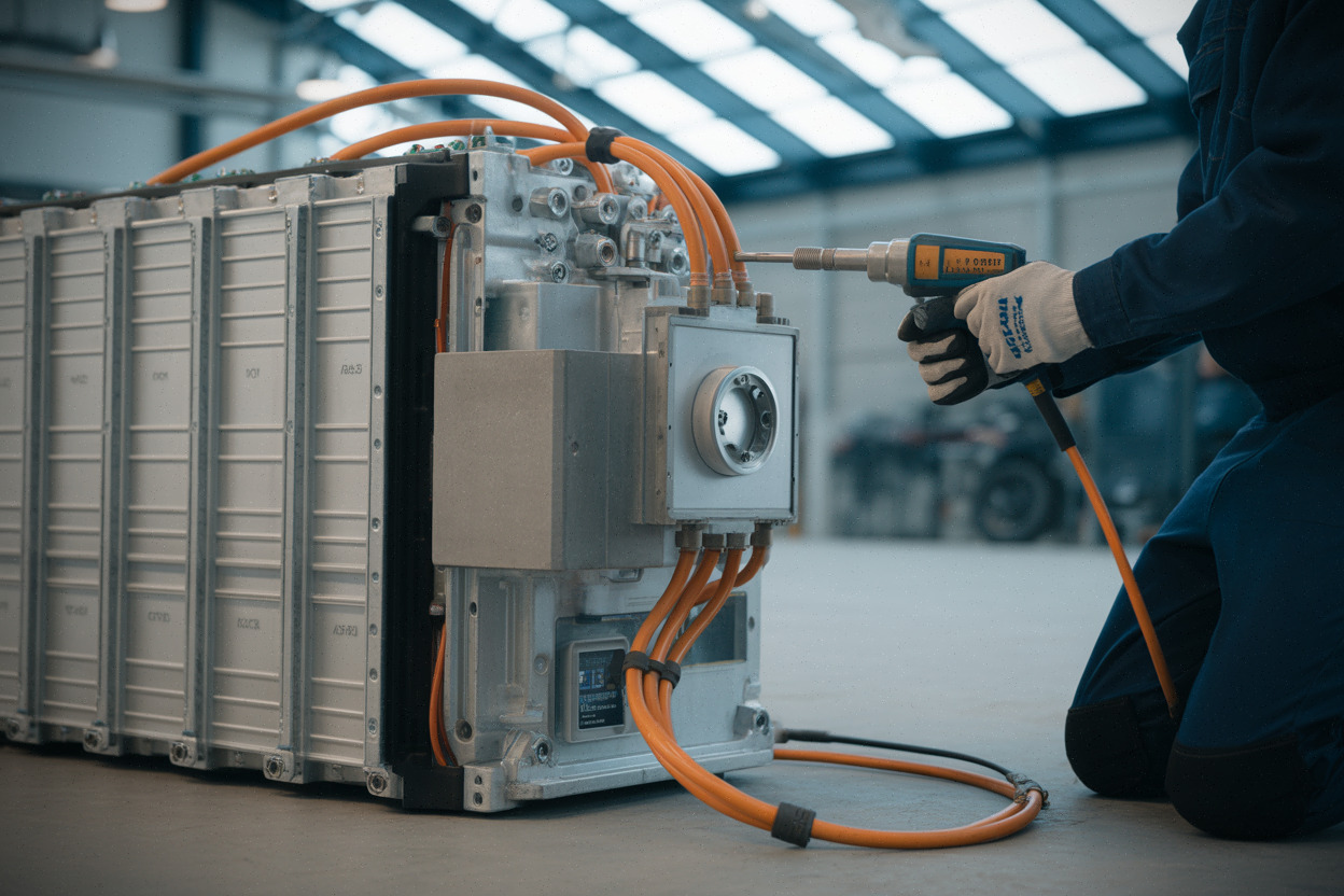 Gros plan d’un pack batterie géant et connecteurs haute tension