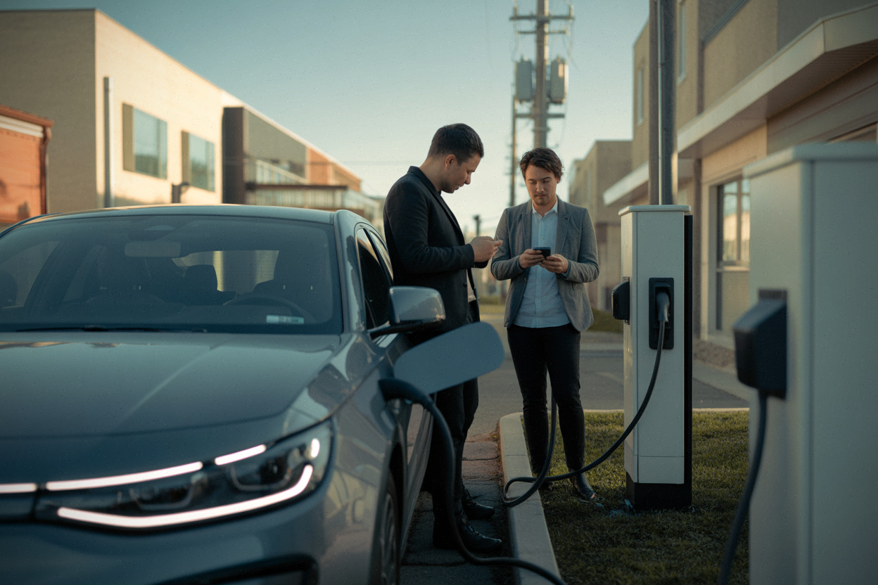 Borne de recharge publique et voiture électrique à Berwick