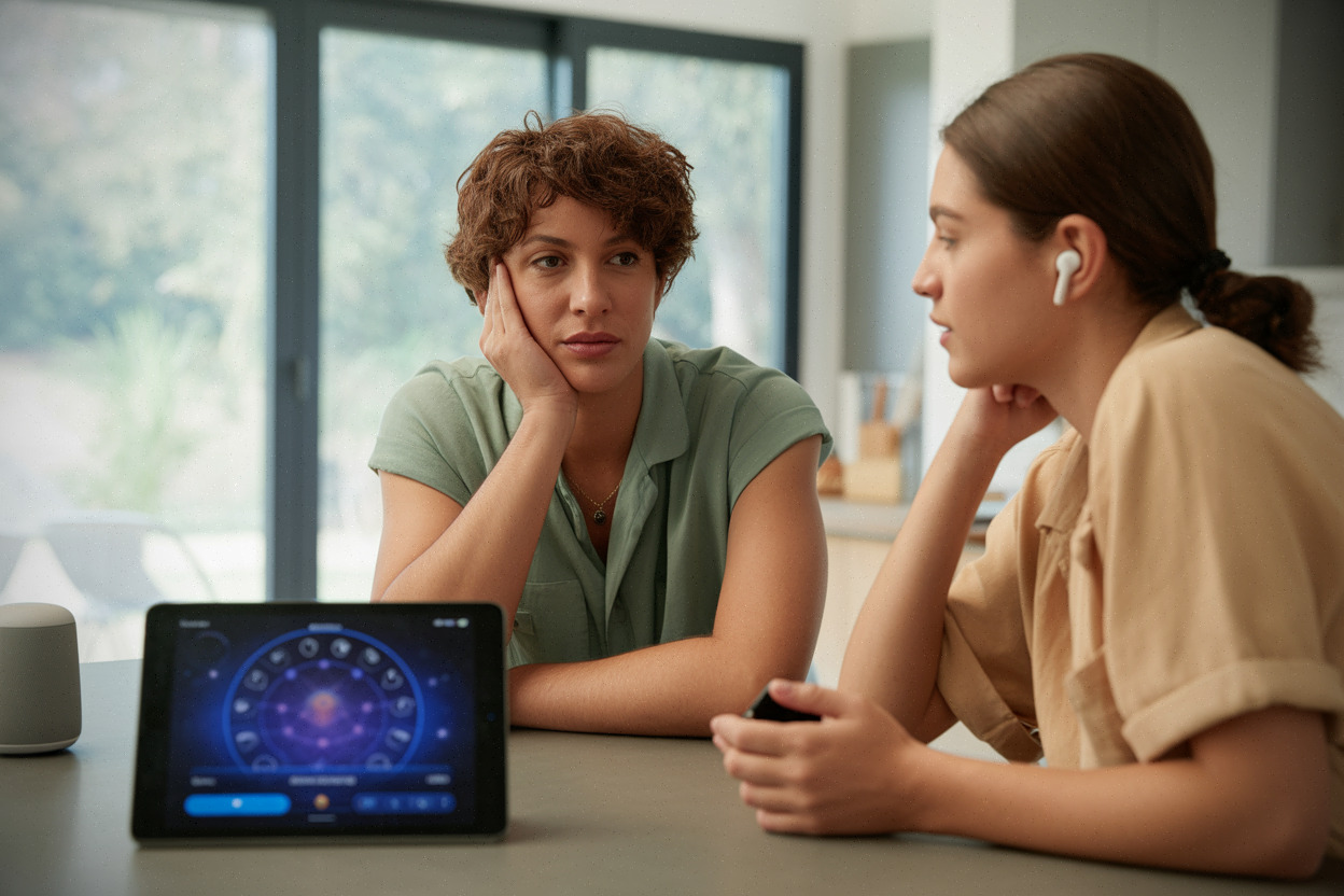 Deux amis discutent d’horoscope et d’émotions dans une cuisine moderne