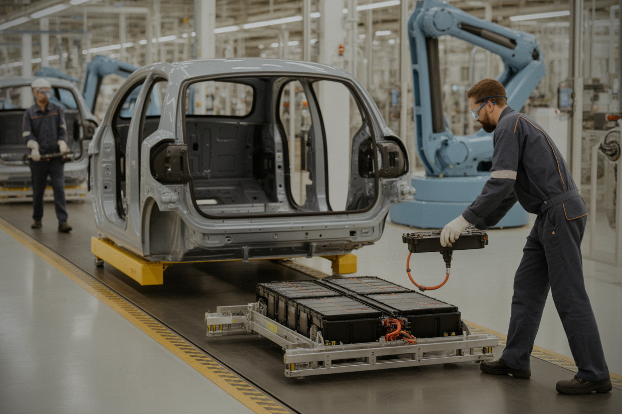 Chaîne d’assemblage d’une petite voiture électrique et pack batterie