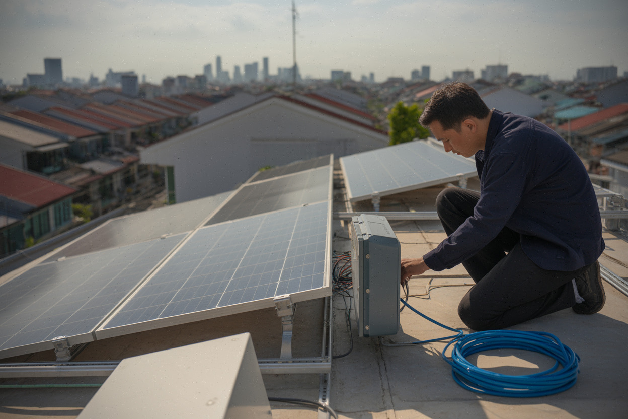Installation solaire en toiture au Vietnam, technicien vérifiant le raccordement