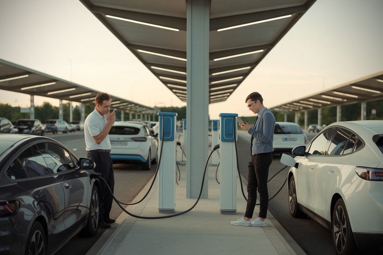 Conducteurs faisant la queue à des bornes de recharge sur autoroute
