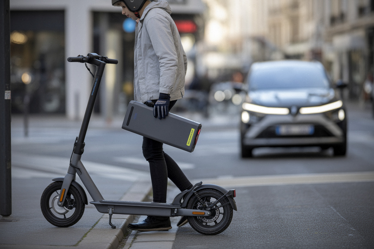 Adolescent avec batterie amovible de scooter électrique en ville