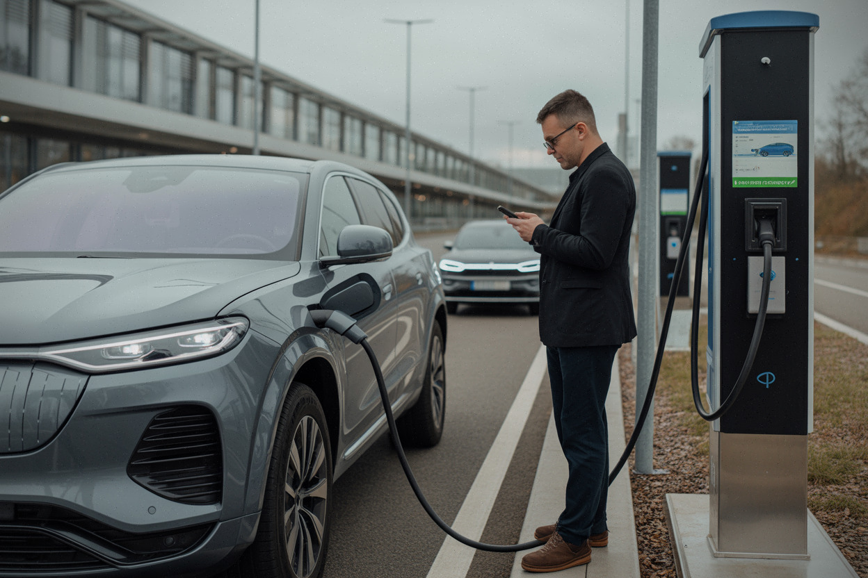 Recharge rapide d’un véhicule électrique à grande batterie sur aire d’autoroute