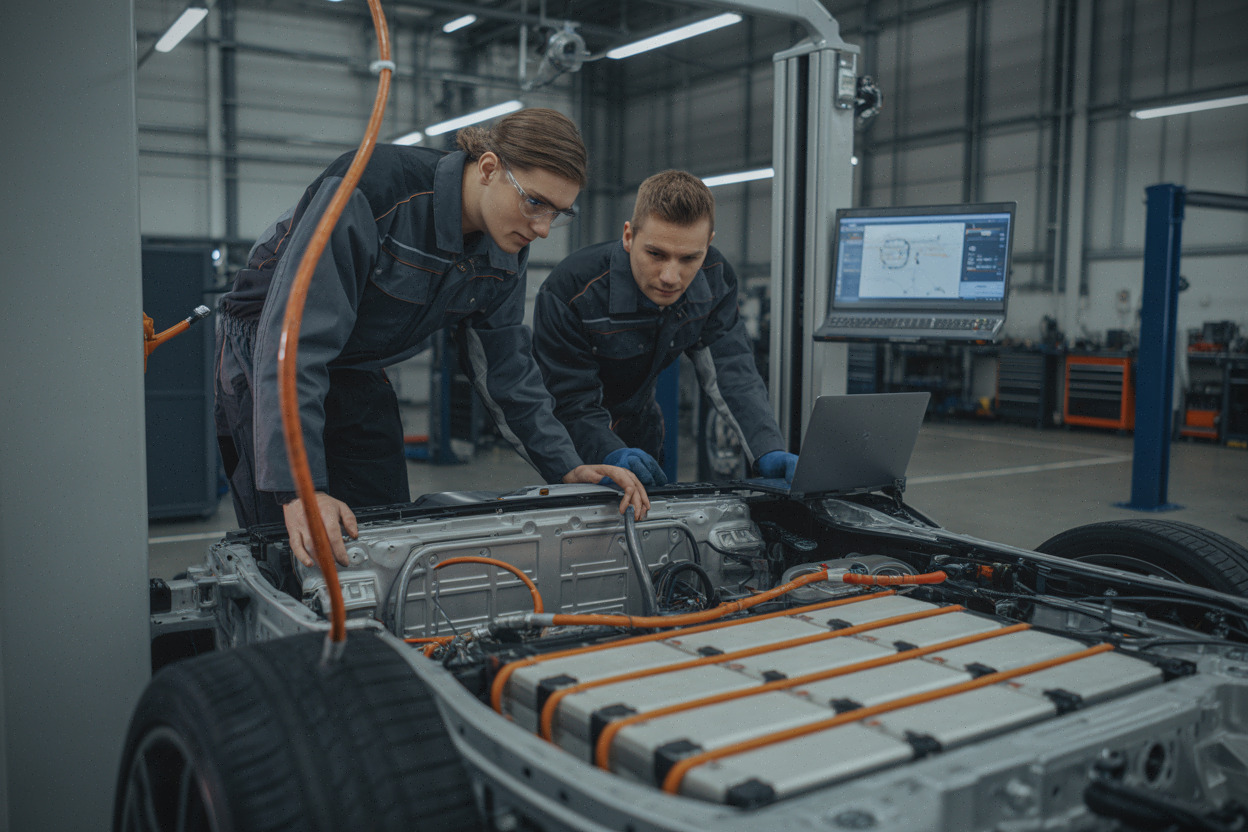 Atelier BMW, châssis Neue Klasse et batterie en inspection