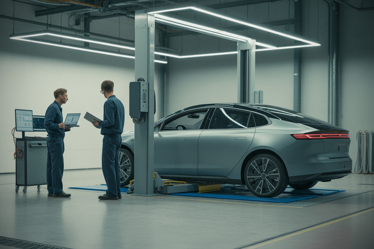 Atelier d’ingénierie automobile préparant une berline électrique avant commercialisation