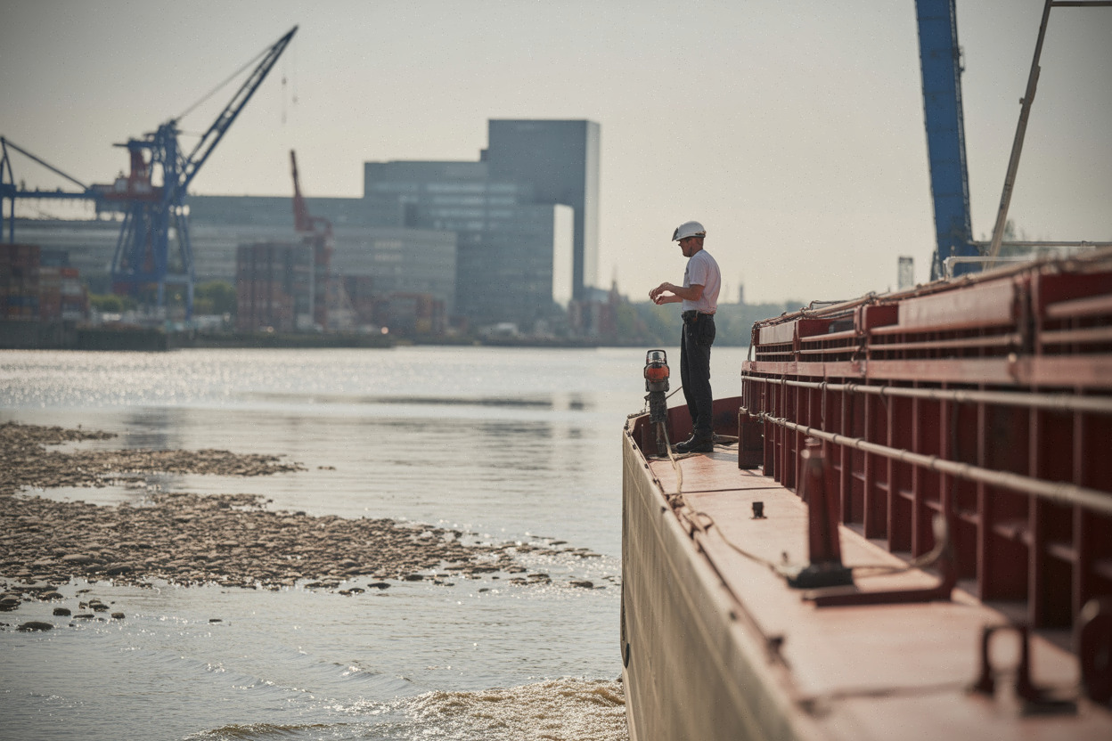 Péniche sur fleuve à bas niveau, navigation ralentie par la canicule