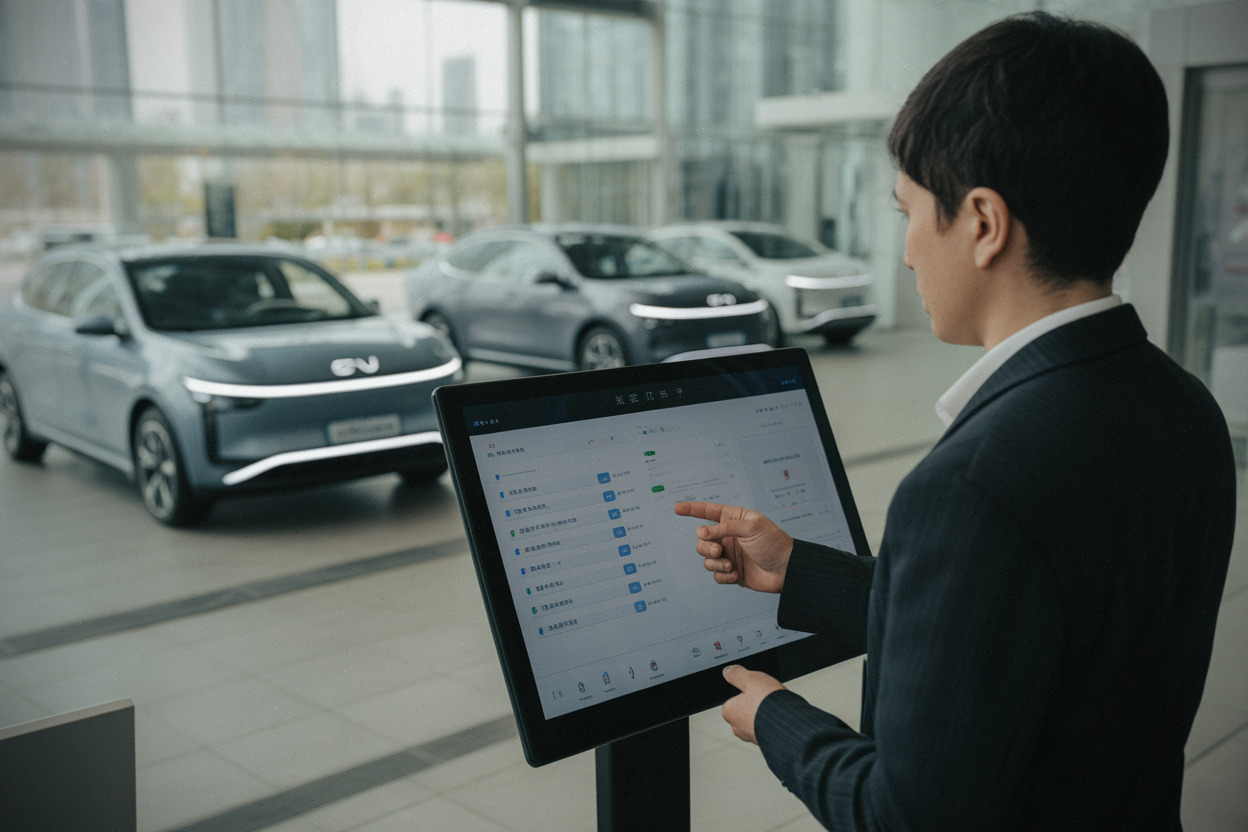 Client découvre les nouveautés logicielles d’une voiture électrique en showroom chinois