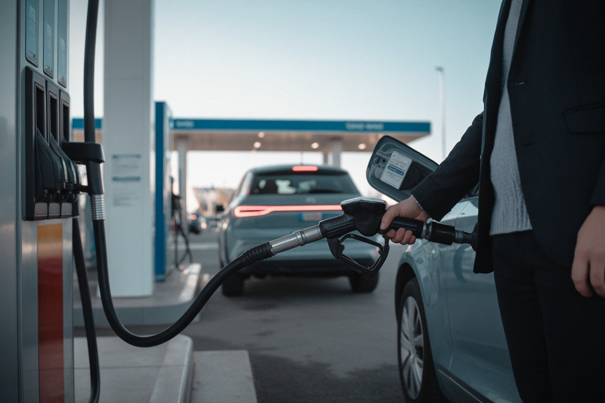 Automobiliste faisant le plein dans une station-service moderne en France