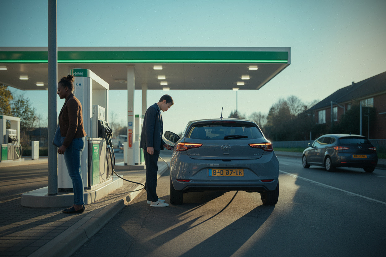 Automobilistes faisant le plein en banlieue, contexte de hausse des carburants.