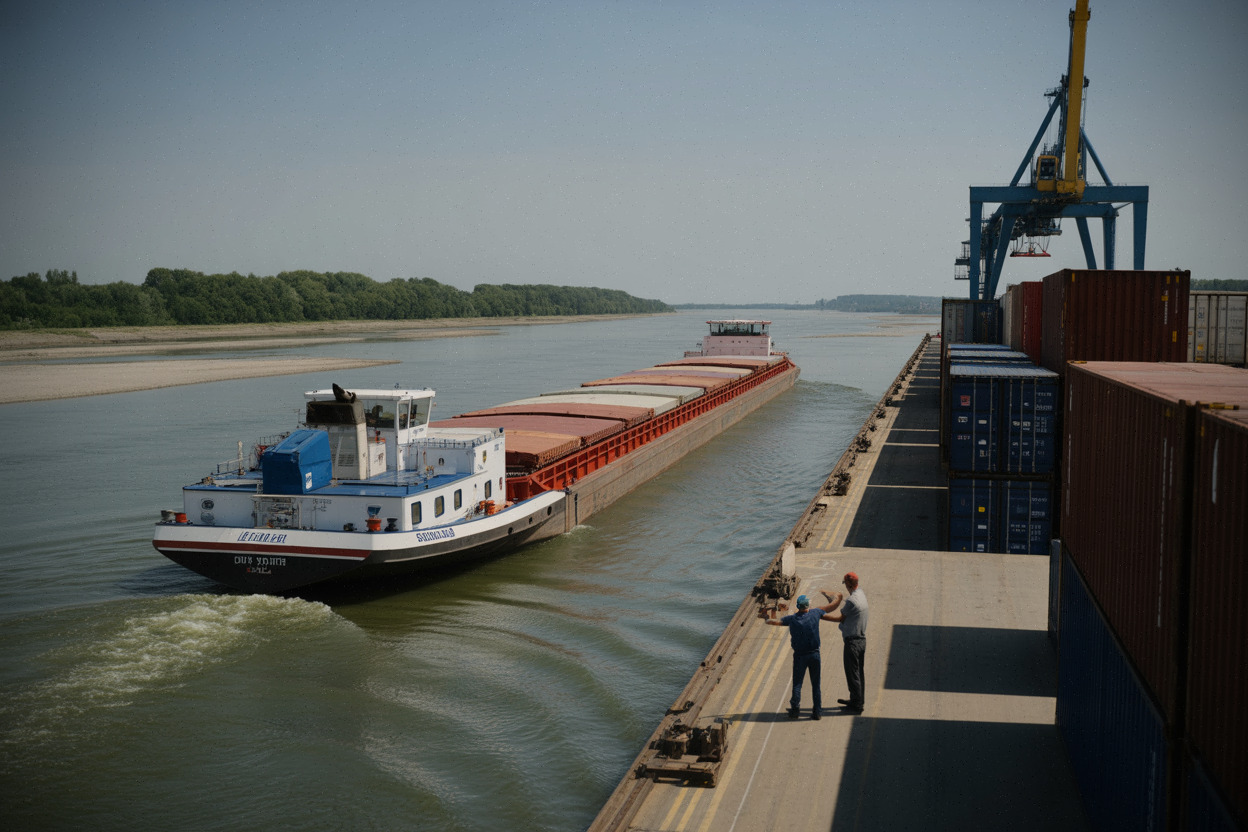Barge sur le Danube ralentie par un niveau d’eau très bas