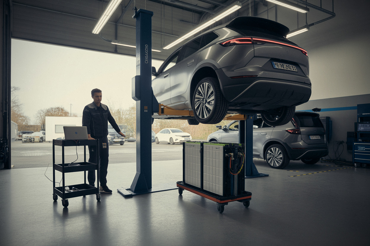 Dépose d’une grosse batterie sous un SUV électrique en atelier