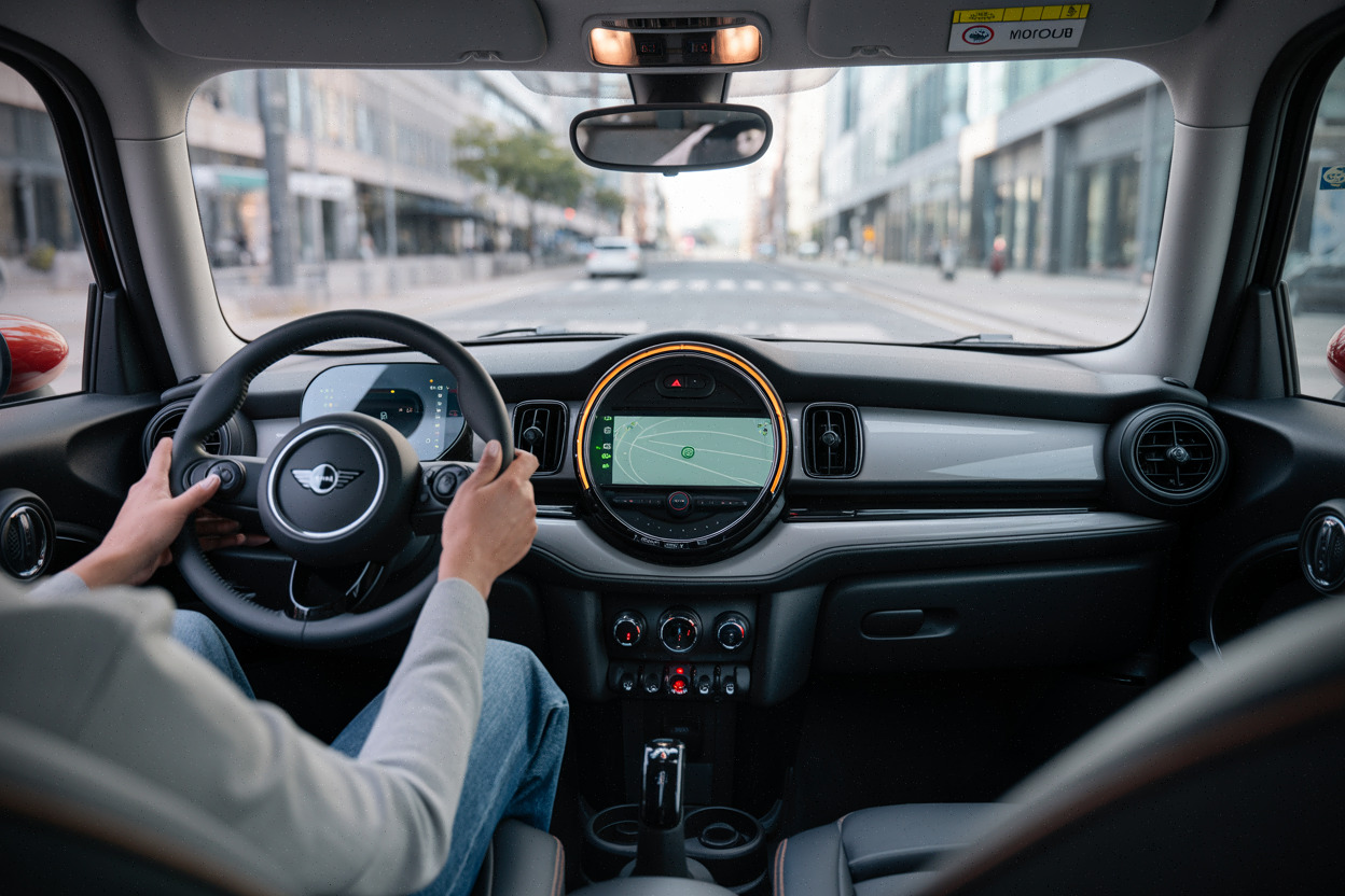 Habitacle de Mini Cooper Electric, écran central et finitions premium
