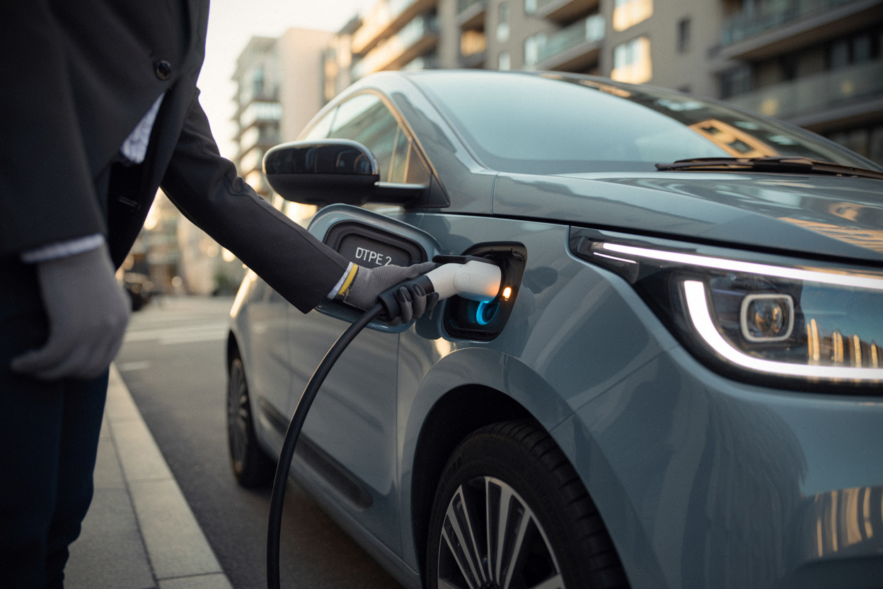 Recharge d’une petite citadine électrique Dacia en environnement urbain