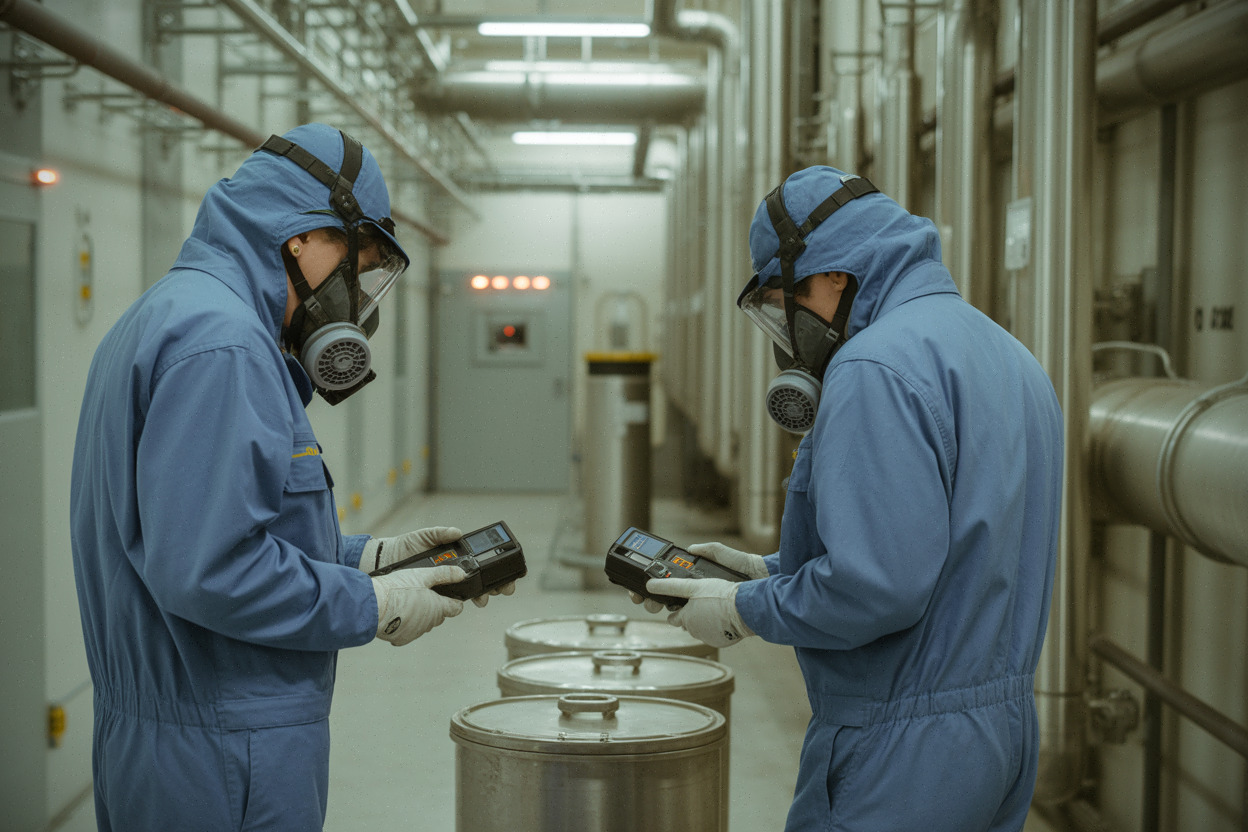 Techniciens contrôlant une contamination radioactive lors d’une maintenance à Koeberg