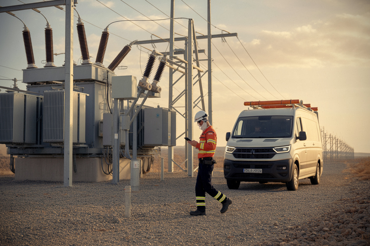 Poste électrique haute tension au désert, opérateur et lignes de transport