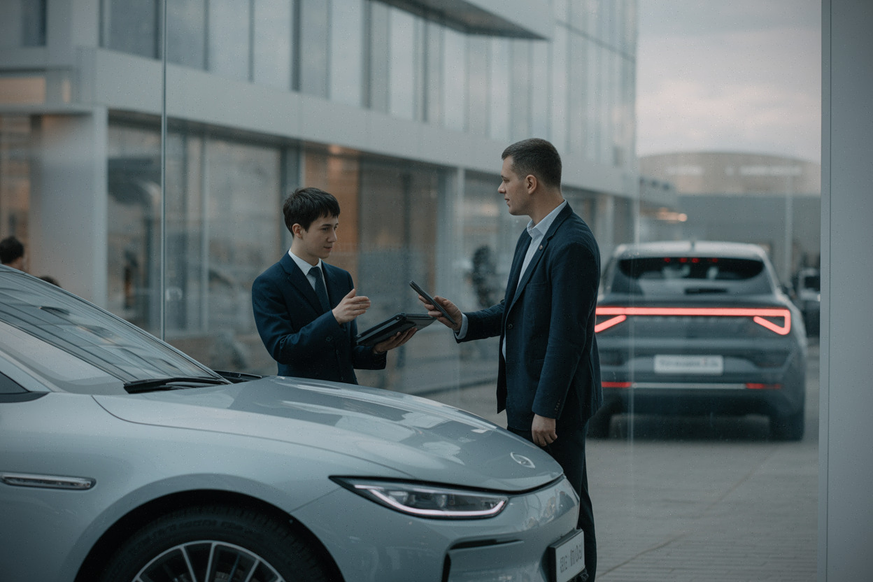 Concession en Russie présentant un SUV électrique chinois, discussion vendeur client