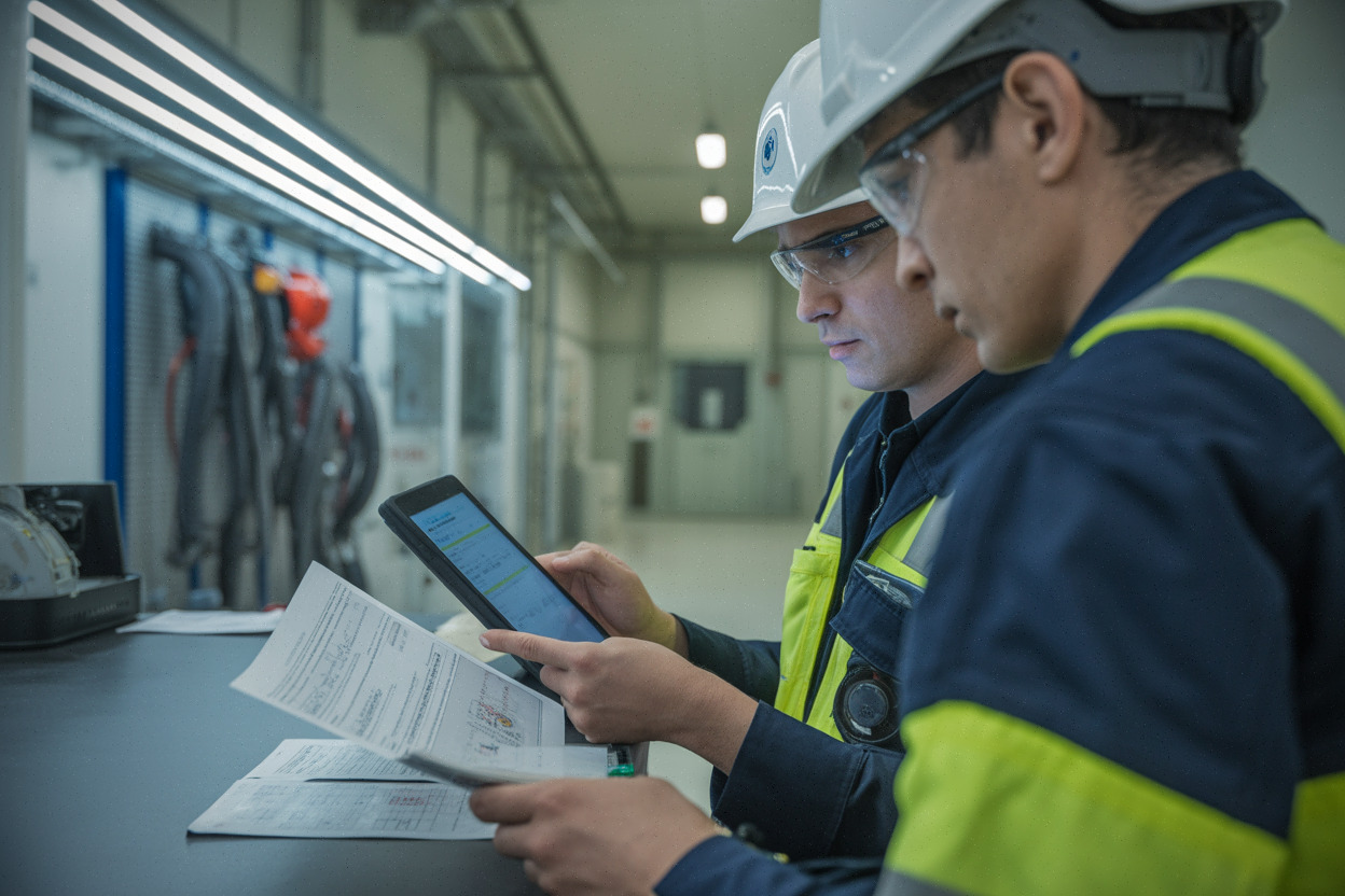 Techniciens EDF préparant une intervention à Nogent-sur-Seine, procédure et tablette.