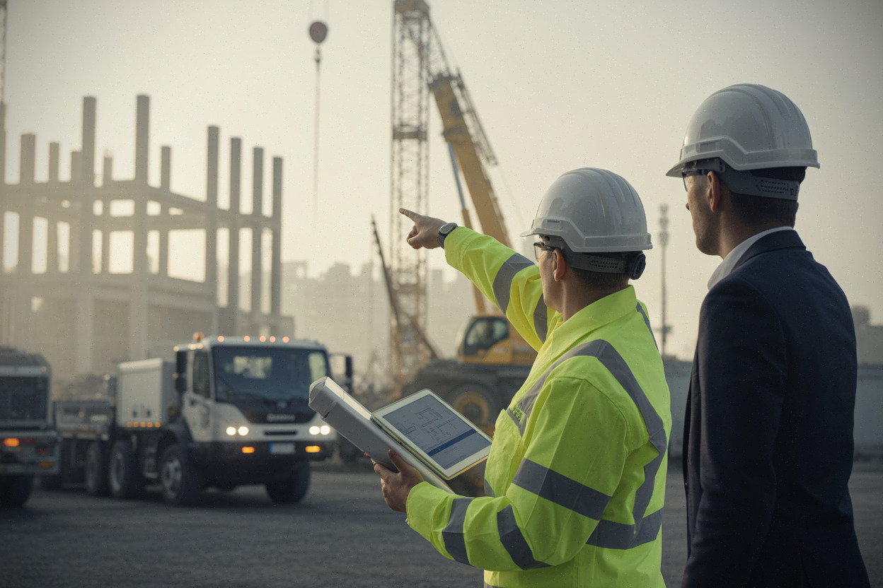 Chantier industriel endommagé, ingénieurs évaluant les dégâts sur tablette