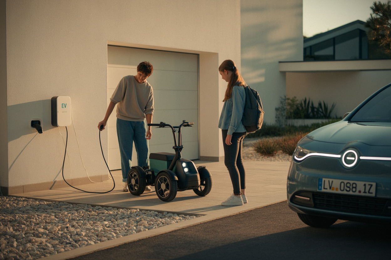 Voiture sans permis électrique en recharge à domicile avec un parent